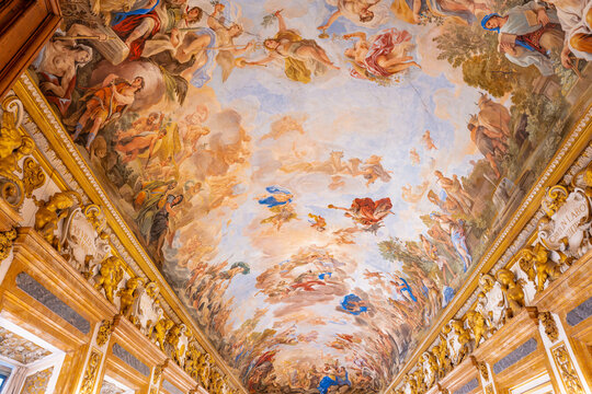 Close-up details of the ceiling fresco in the Gallery of Mirrors (Galleria degli Specchi) at Palazzo Medici Riccardi, Florence. Florence,Italy 04.01.202