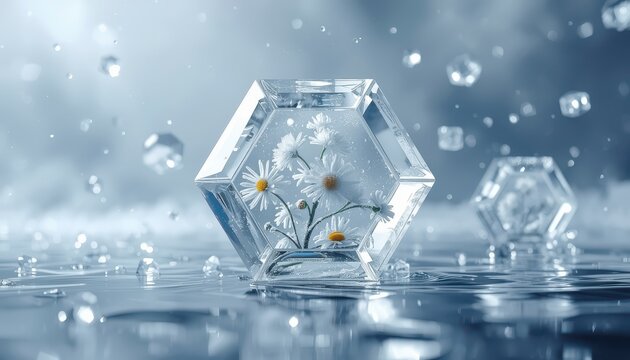 White daisies preserved inside a clear geometric hexagonal crystal, cryogenic fine art, floating ice and water droplets on blue background.