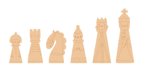White chess pieces. Vector illustrations in cartoon style. King, queen, rook, bishop, knight and pawn. Chessmen set. Design elements in flat style on white background © Katerina Koniukhova