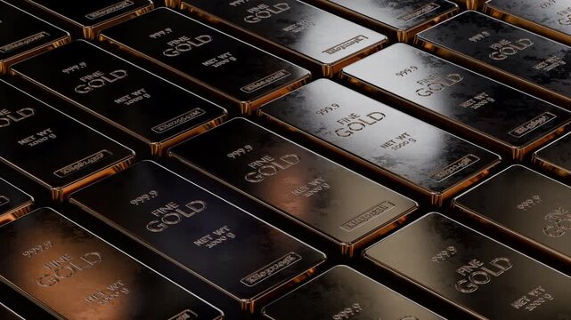 Shiny gold bullion bars in cinematic layout. Perfect for wealth, investment and finance visuals. Seamless loop animation, part of series.