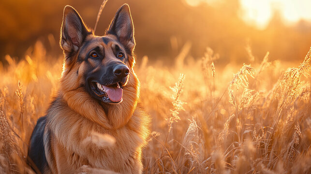 German shepherd dog in warm natural light with a soft outdoor background. Pet banner and loyal companion concept.
