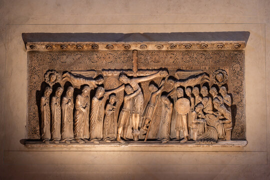 The famous medieval marble relief of the Deposition from the Cross by Benedetto Antelami inside the Parma Cathedral in Italy 06.01.2026