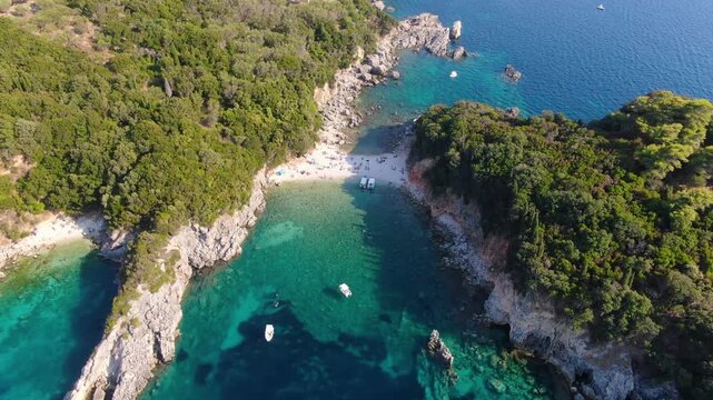 Top Down Aerial View of Limni Beach Glyko Isthmus in Corfu Greece Separating Two Turquoise Bays