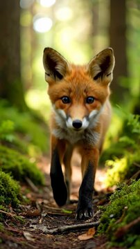 A Curious Fox Walks Through a Sunlit Forest Path.