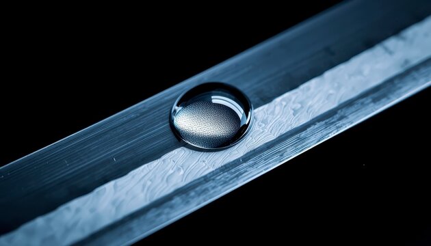 Extreme macro of a water droplet on a Japanese katana blade, traditional samurai sword craftsmanship with Damascus steel hamon pattern.
