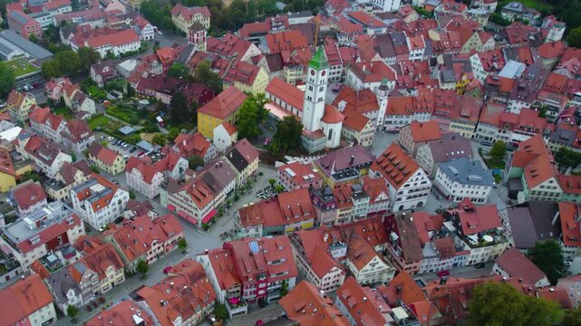 Aerial view beside the old town in the city Wangen im Allg&auml;u in Germany, Baden-W&uuml;rttemberg on a cloudy spring day