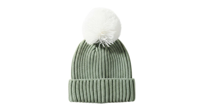 A knitted green winter beanie hat with a large white pom pom isolated on a white background transparent background