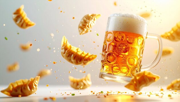 無重力で浮かぶビールジョッキと餃子