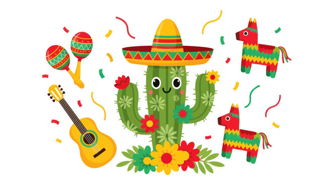 Cute Cactus Fiesta with Pinatas, Guitar, and Maracas - Mexican Celebration