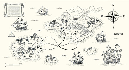 Vintage Pirate Treasure Map with Ships, Island, Kraken and Compass Rose © nad