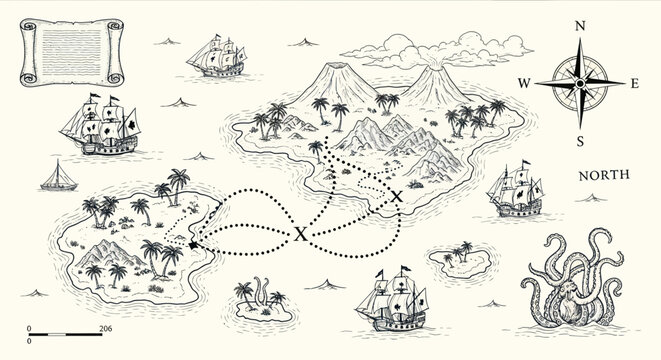 Vintage Pirate Treasure Map with Ships, Island, Kraken and Compass Rose
