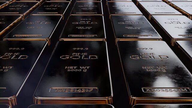 Cinematic grid of gold bars with glossy reflections and texture. Ideal for backgrounds, fintech visuals and premium design. Seamless loop animation, part of series.