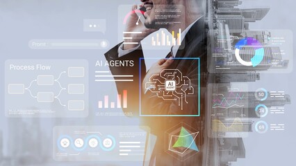 Business Professional Using Smartphone with Artificial Intelligence and Data Visualization in...