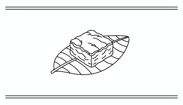 Hand-drawn illustration of a square cake slice on a stylized leaf