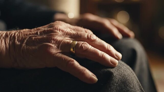 Elderly Hands Resting on Knee Closeup.