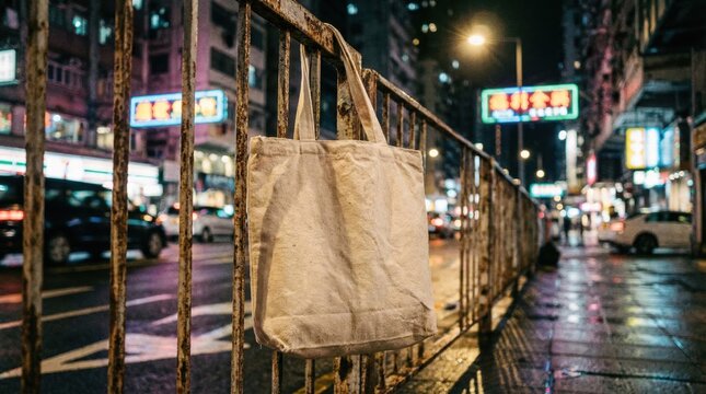 Natural Canvas Tote Bag Mockup &ndash; Night Urban Street Bokeh Background Display
