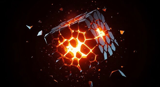 Exploding Cube with Fiery Core and Shattering Fragments.