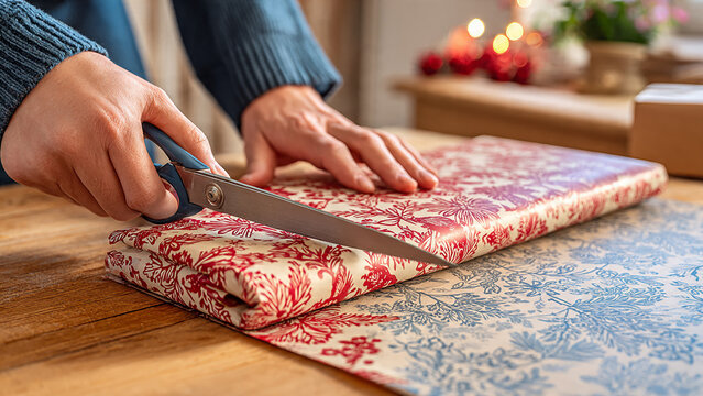 Hands expertly wrapping a gift with festive patterned paper on a wooden surface