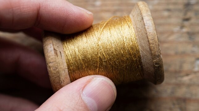 Top-Down Macro of Fingers Touching a Vintage Wooden Spool with Metallic Golden Thread
