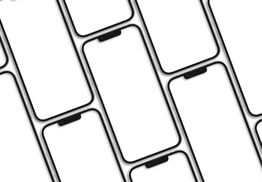 Multiple modern smartphones isolated on transparent background. Mobile phones silver color. 3d rendering