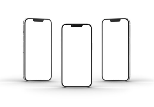 Three modern smartphones isolated on transparent background. Mobile phones silver color. 3D rendering