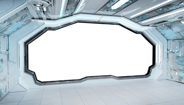 White futuristic spaceship interior with isolated cut out transparent window. Glossy starship with glowing lights. 3D rendering