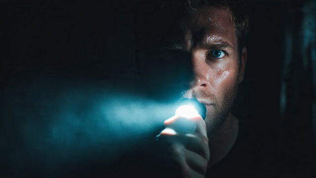 Intense man illuminated by a flashlight beam in darkness, searching