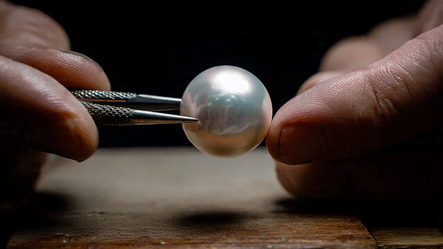 Close-up of hands using tools to inspect a luminous pearl on a wooden surface