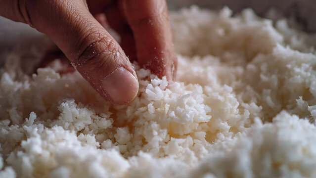 Hand gently sifts through fluffy white texture, possibly food preparation