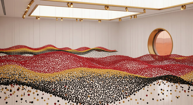 Futuristic art gallery on Mars: massive kinetic installation of suspended spheres mimicking dunes, minimalist interior and round window view.