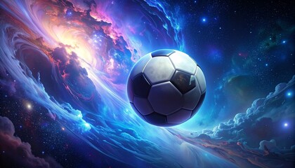 Fototapeta premium Soccer ball with colourful vibrant space Galaxy background 