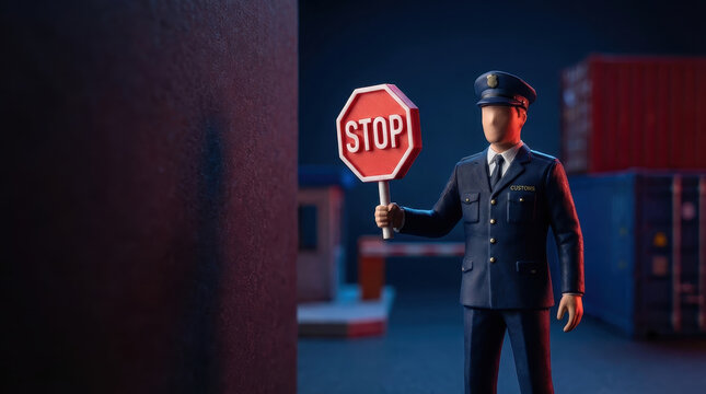 Customs officer stop sign supply chain disruptions logistics control border security at night dramatic light and shadow concept of delay and inspection