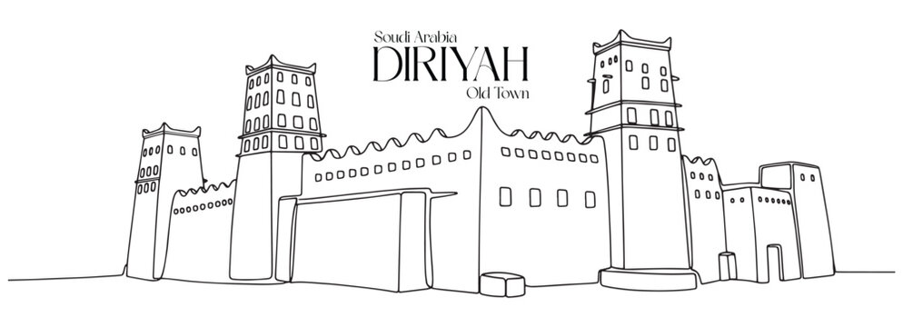 Modern minimalist line illustration of Diriyah old town showcasing traditional Najdi architecture and Saudi heritage buildings in a clean vector style.