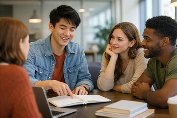 Fototapeta premium Collaborative spirit ignites as diverse young scholars delve into engaging study, sharing insights and fostering teamwork