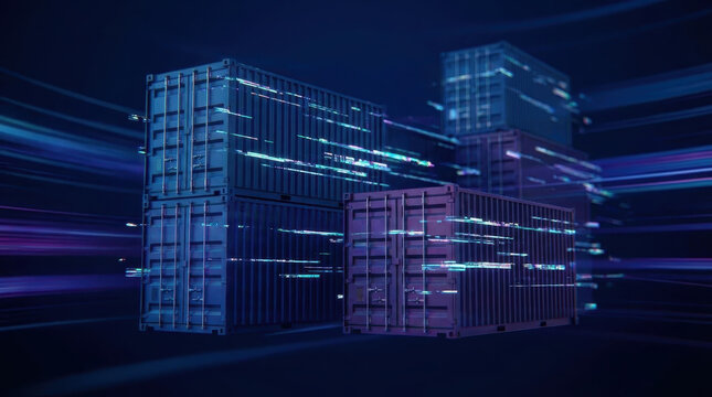 Futuristic container logistics supply chain disruptions concept digital freight transport night abstract technology speed motion data glow