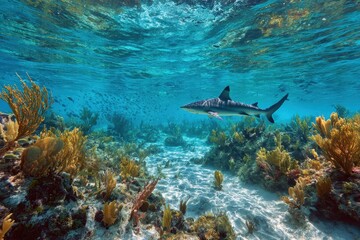Fototapeta premium Pristine coral reef habitat bathed in clear blue light, with reef shark, colorful corals, and swift fish