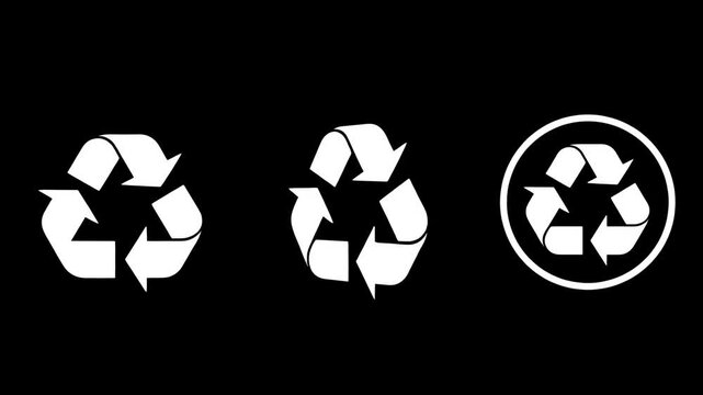 White Recycling Symbol Loop Animation on Black Background