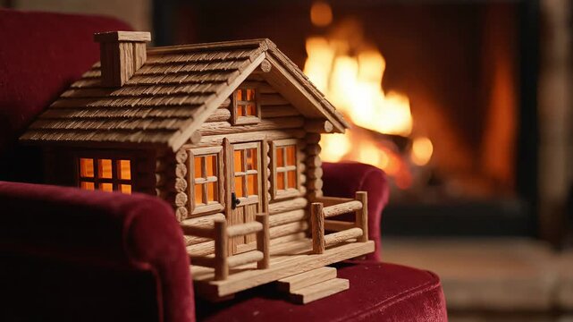 Miniature Wooden Log Cabin on Armchair by Cozy Fireplace