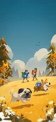 Obraz premium Cute Dogs and Friends Hiking in Mountain Trail Illustration