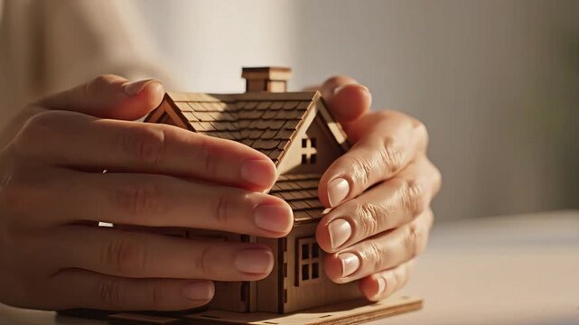 Hands Protecting a Small Wooden House Model for Home Insurance Concept