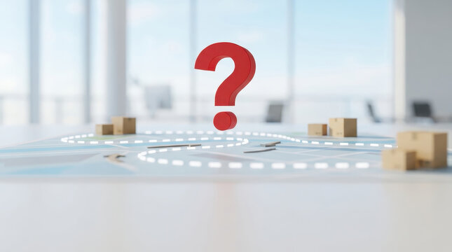 Supply chain disruptions concept red question mark over blurred logistics route map in bright office background symbol of delay challenge risk problem and delivery uncertainty