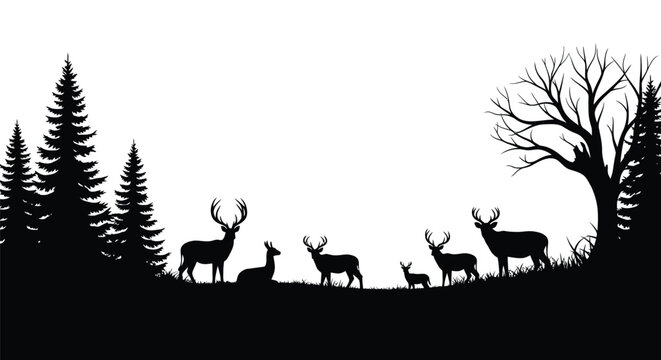 Silhouette of deer and trees against a foggy minimalist landscape