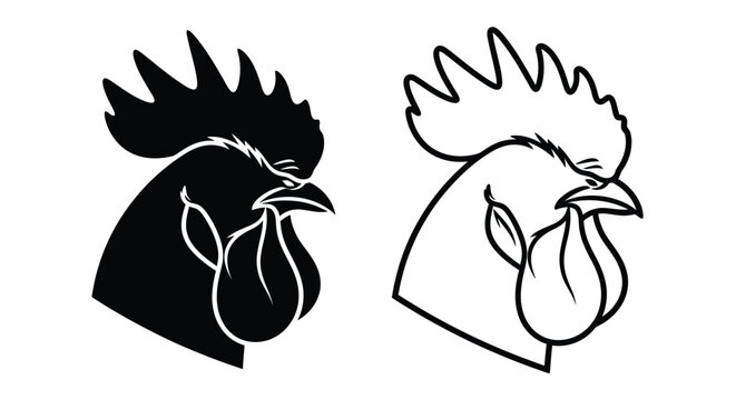 Two rooster head illustrations one black one white facing left