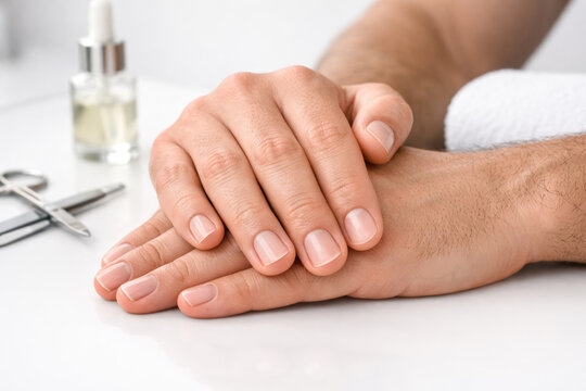 Male hands manicure treatment in spa salon, grooming, clean nails, hygiene concept, skincare and wellness, professional nail care on light minimal background
