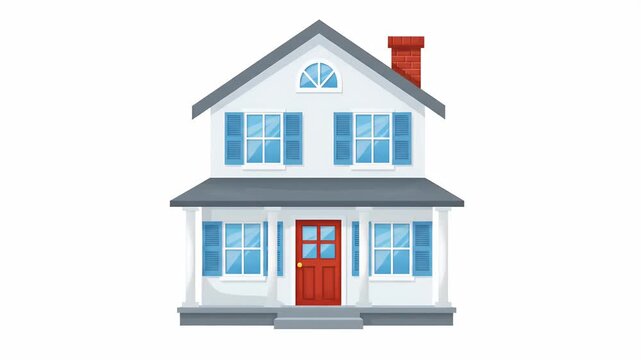 White Two Story House Red Door Blue Shutters Brick Chimney Footage