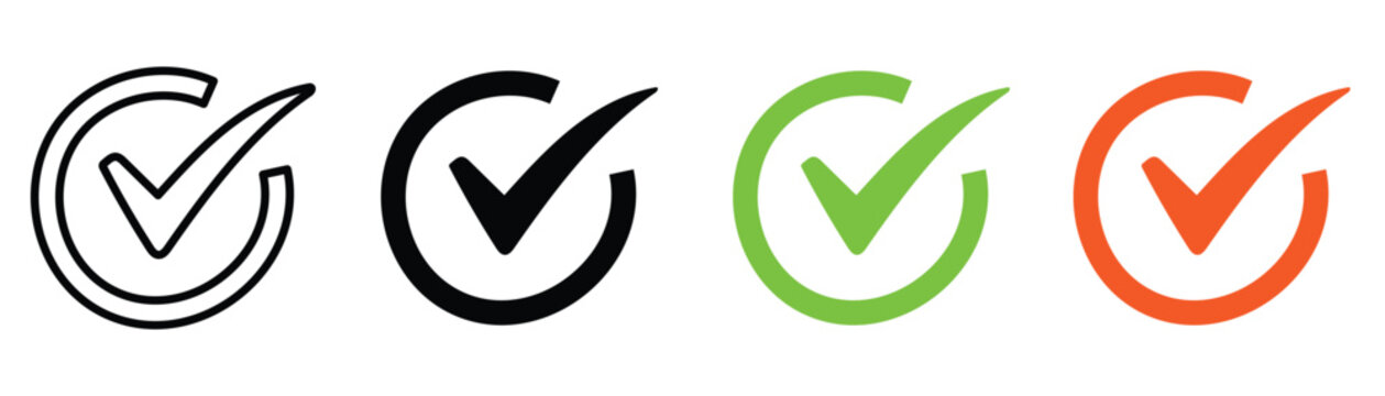 Set of check mark icons in circle with different colors and outline styles