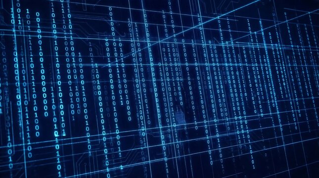 Abstract Blue Binary Code Matrix Data Stream Background