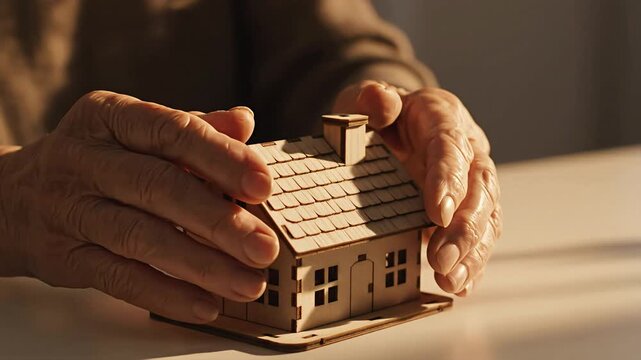 Elderly hands protecting miniature wooden house model