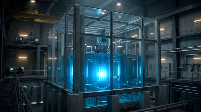 3D render of a small modular reactor SMR with glowing blue Cherenkov radiation, modular energy, carbon-free power, SMR, advanced fission, nuclear innovation