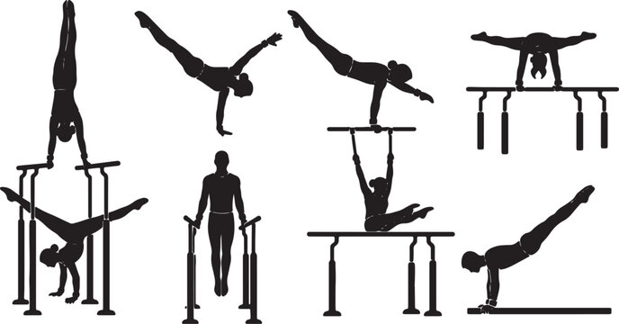 Black Solid Artistic Parallel Bars Silhouettes Set of Six on White Background
